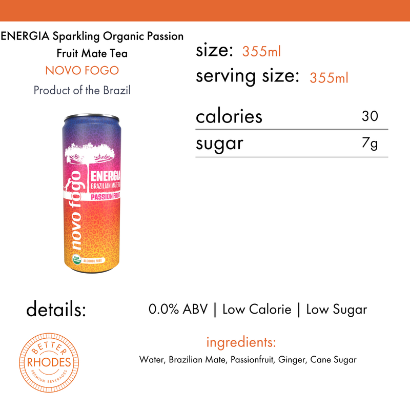 Novo Fogo Alcohol-Free Organic Sparkling Passion Fruit Mate Tea | 12oz 4-pack